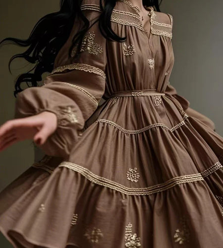 Hit Color Spliced Lace Up Loose Dresses For Women O Neck Long Sleeve High Waist Temperament Mini Dress Female New