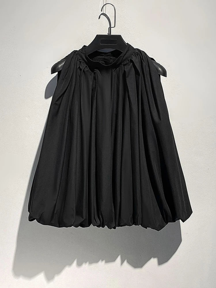 Women White Pleated Elegant Big Size Bud Blouse New Stand Collar Sleeveless Shirt Fashion Tide Spring Summer 2025 1DJ1484