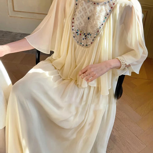 Load image into Gallery viewer, Spliced Diamonds Loose Dresses For Women O Neck Short Sleeve High Waist Temperament Dress Female Fashion Style New
