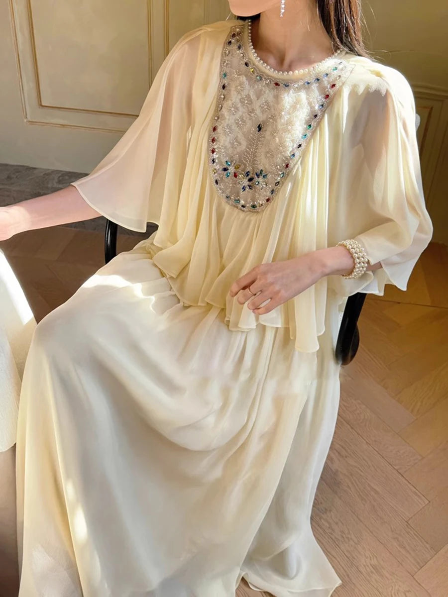 Spliced Diamonds Loose Dresses For Women O Neck Short Sleeve High Waist Temperament Dress Female Fashion Style New