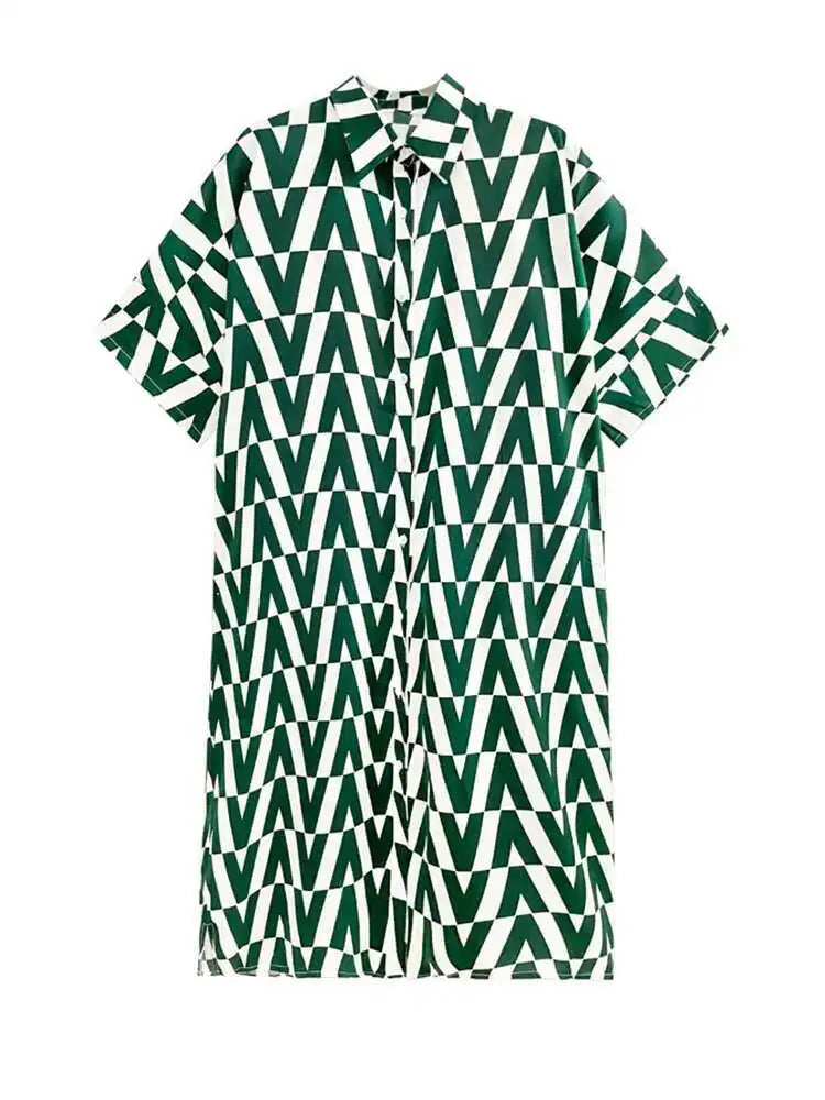 Women Black Pattern Printed Big Size Long Shirt Dress New Lapel Half Sleeve Loose Fit Fashion Spring Summer 2025 1DE9944