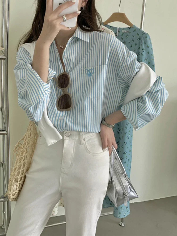 Chicly Casual Office Lady Style New Spring Pink Striped Embroidery Women Shirt with Drop Sleeve and Single Breasted Fashion