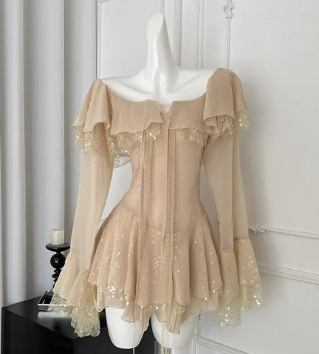 French Vintage Women's Khaki Sequins Long Sleeved Elegant Pleated Short Dress Autumn Winter Sweet Ruffles Mini Princess Dresses