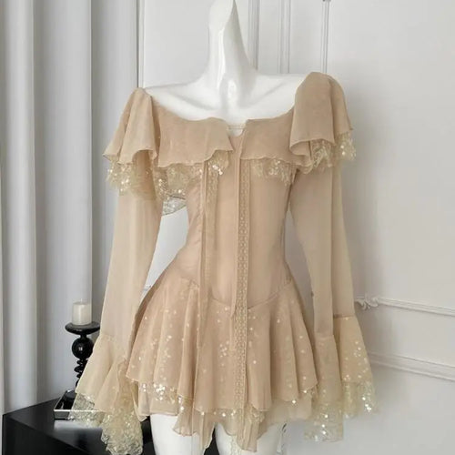 Load image into Gallery viewer, French Vintage Women's Khaki Sequins Long Sleeved Elegant Pleated Short Dress Autumn Winter Sweet Ruffles Mini Princess Dresses
