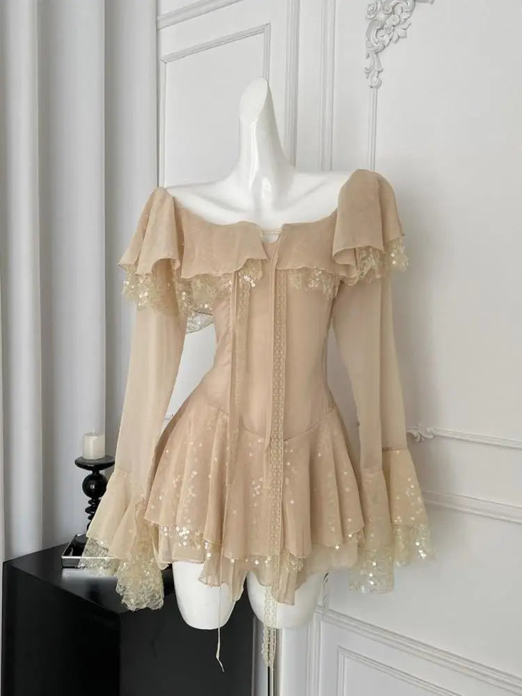 French Vintage Women's Khaki Sequins Long Sleeved Elegant Pleated Short Dress Autumn Winter Sweet Ruffles Mini Princess Dresses
