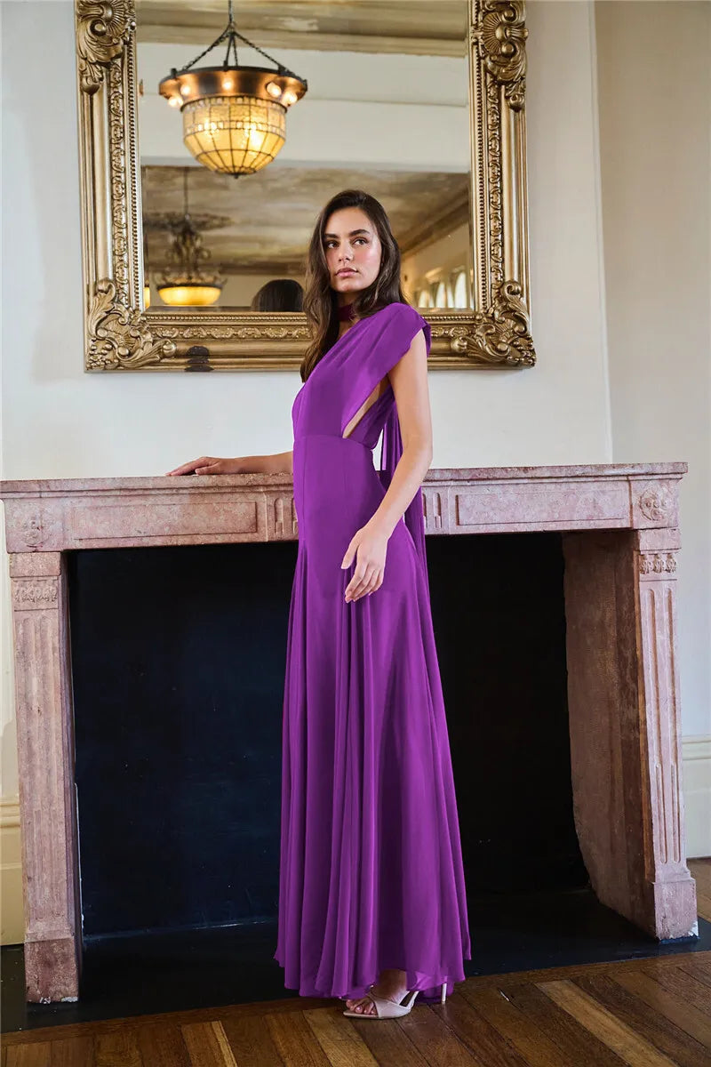 Deep V Neck High Split Sexy Maxi Dress For Women Fashion Purple Sleeveless Backless Long Tank Dress Femme Elegant Dress