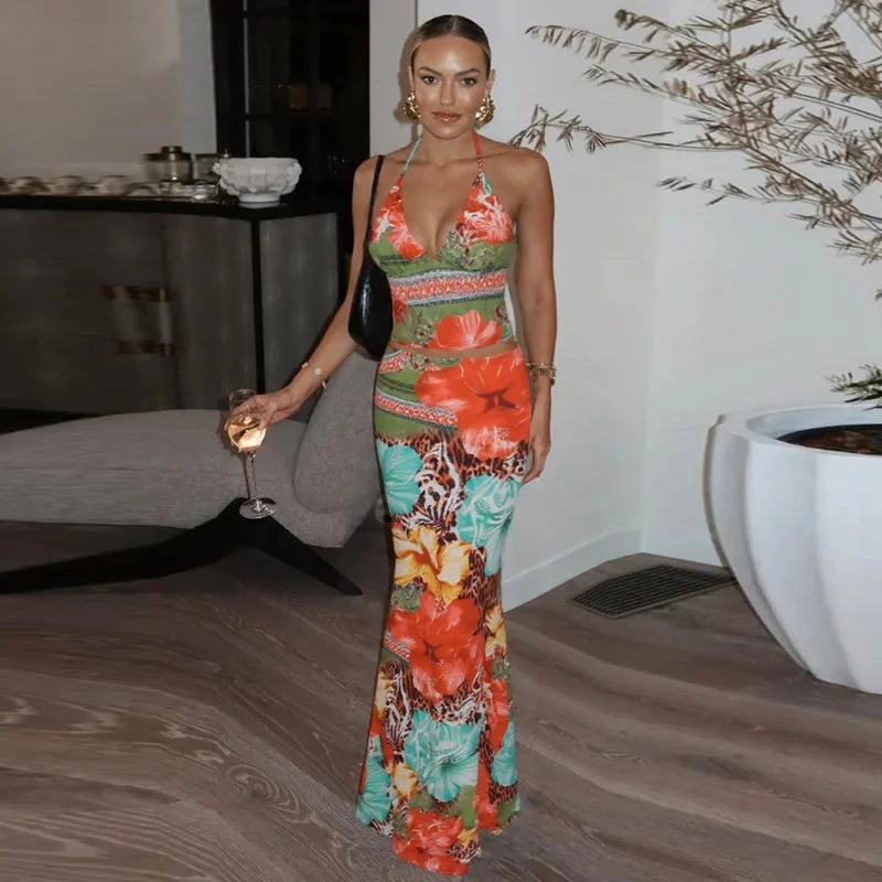 Leopard Print Sexy 2 Piece Sets Women Summer Fashion Lace-up Halter Crop Tops And Maxi Skirt Female Party Two Piece Set