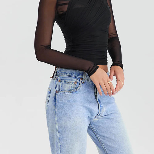 Load image into Gallery viewer, Sheer Mesh Long Sleeve Sexy T-shirt Women 2023 Autumn New V Neck Zipper Layered Skinny Club Party Sexy Tops
