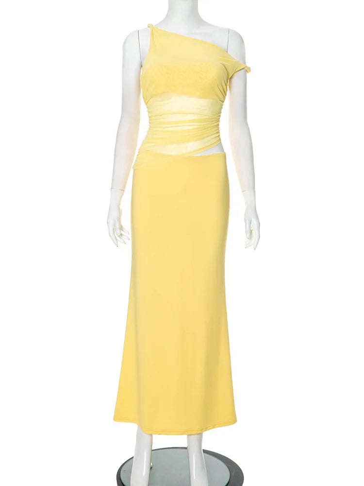 Diagonal Collar Backless Sexy Maxi Dress Women Gown Summer New Sleeveless Sheer Mesh Hollow Out Elegant Long Dress