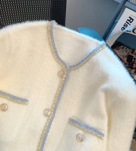 Autumn Winter French Black White Patchwork Knitted Cardigan Tops Women V Neck Single Breasted Long Sleeve Imitation Mink Sweater