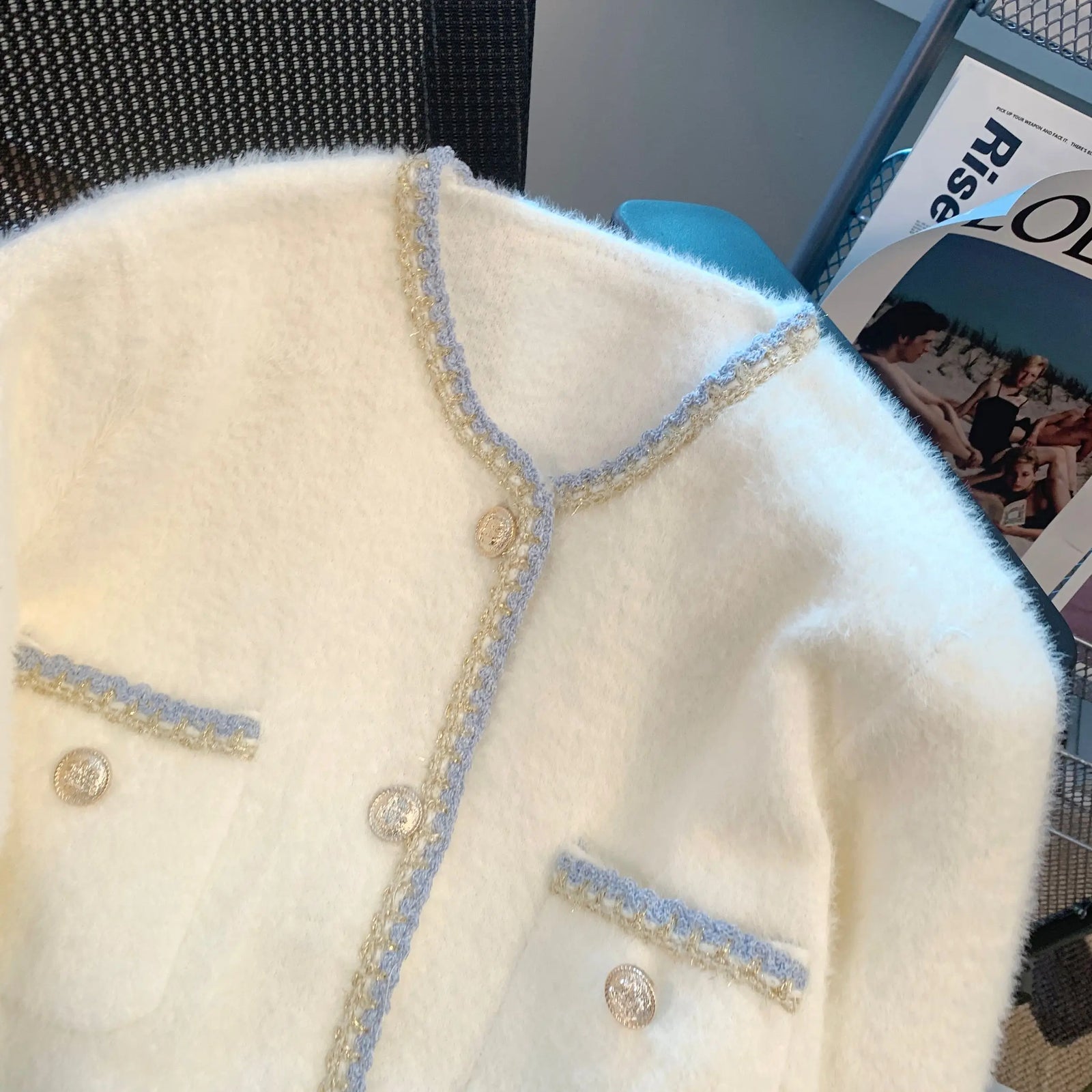 Autumn Winter French Black White Patchwork Knitted Cardigan Tops Women V Neck Single Breasted Long Sleeve Imitation Mink Sweater