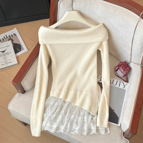 Load image into Gallery viewer, French Autumn Winter Patchwork Lace Elegant Pullover Short Sweater Women's Vintage 2024 New Office Lady Long Sleeved Knitted Top
