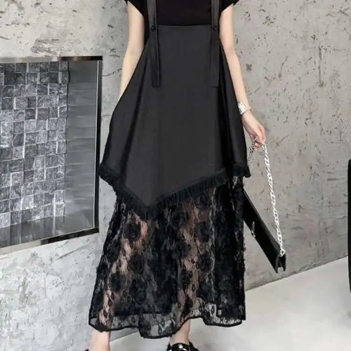 Load image into Gallery viewer, Women Black Hem Lace Denim Elegant Big Size Strap Dress New Square Collar Sleeveless Fashion Spring Autumn 2025 1DH6630

