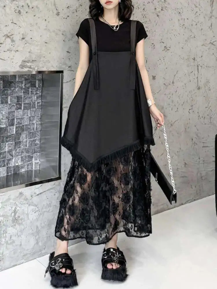 Women Black Hem Lace Denim Elegant Big Size Strap Dress New Square Collar Sleeveless Fashion Spring Autumn 2025 1DH6630