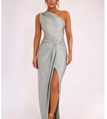 Elegant Diagonal High Split Pleated Evening Dress For Women Elastic Tight Sexy Maxi Female Party Summer 2024 New Vesidos