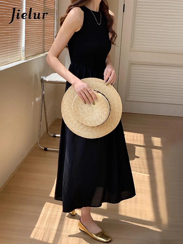 Solid Color Slim Casual Women's Dresses Black Sleeveless O-neck Summer Fashion Dress Party Club Hepburn Style Tank Dress