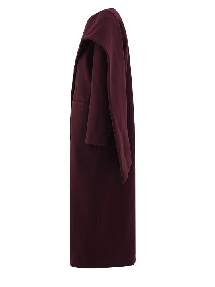 Wine Red Thick Big Size Long Woolen Coat New Scarf Collar Long Sleeve Women Jacket Fashion Tide Autumn Winter 2025 CPDB366