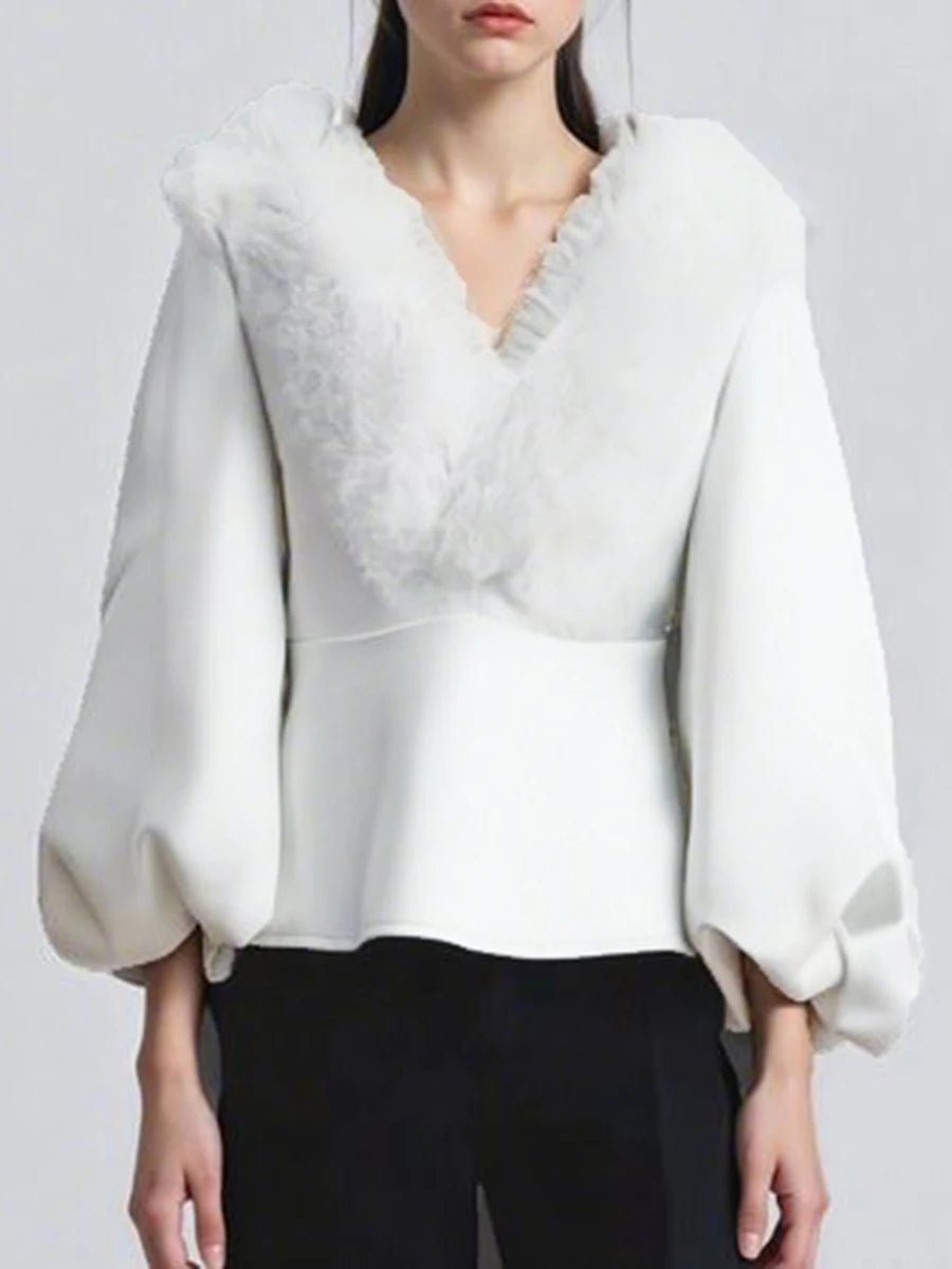 Solid Spliced Fungus Folds Fashion Jackets for Women V Neck Long Sleeves Tunic Temperament Jacket Female Clothing