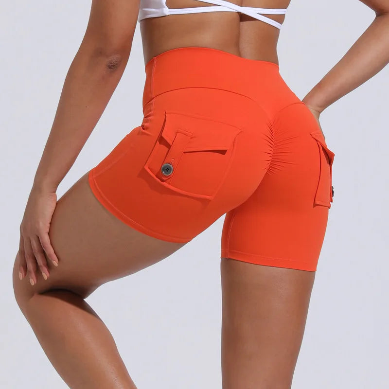 S-XL Nylon Women Scrunch Button Booty Sports Yoga Shorts Cycling Jogging Fitness High Waist Squat Proof Gym Active Leggings