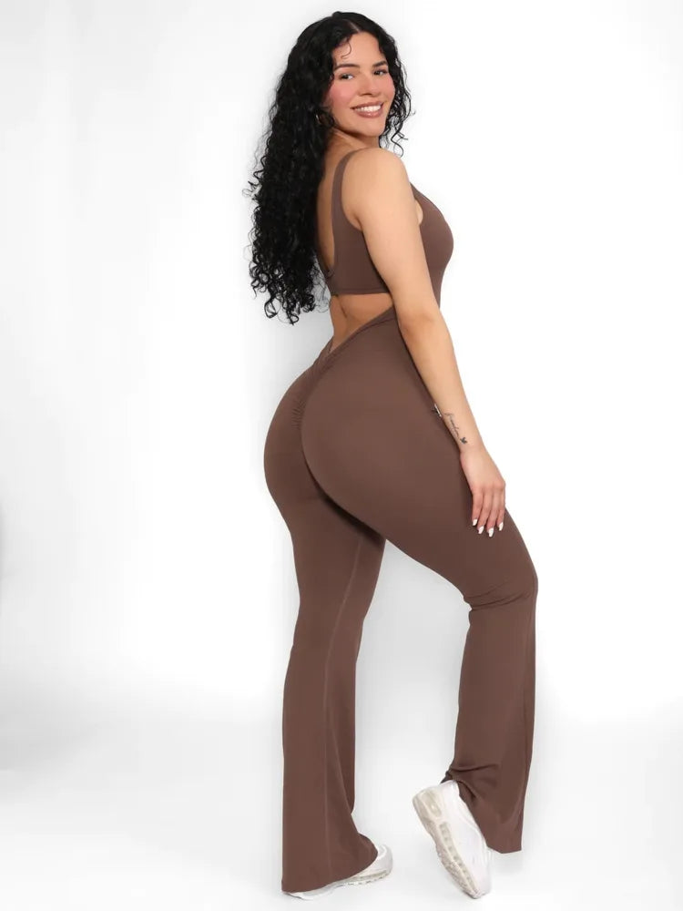 Sleeveless Elastic Slim Fit Jumpsuit Women Open Back Hollow Tight Flare Pants Casual Fitness Jumpsuit Female Rompers