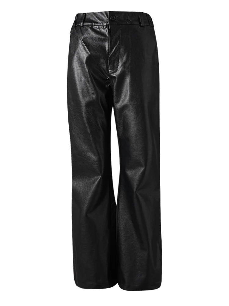 High Waist Black Brief Pocket Pu Leather Long Wide Leg Pants New Trousers Women Fashion Tide Spring Autumn 2025 CPG2581