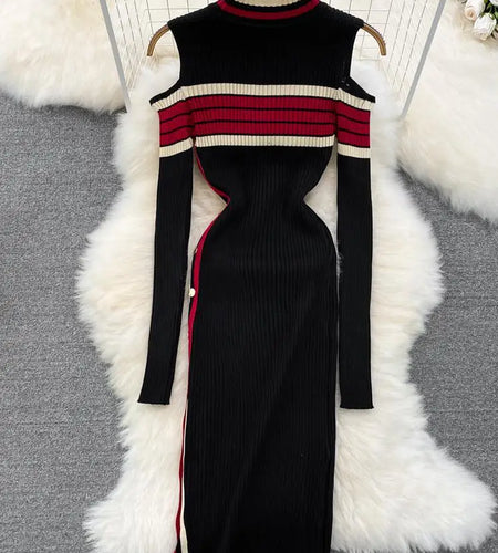 Elegant Stripe Patchwork Off Shoulder Long Sleeve Knit Bodycon Split Pencil Dress Slim Basic Fashion Button Sweater Dress Winter
