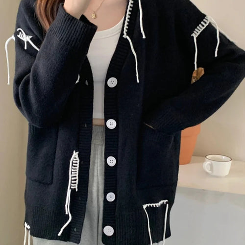 Load image into Gallery viewer, Chic Tassel Sweater Cardigan Women Autumn Winter Korean Fashion Loose Lazy Student Black Sweaters Coat Single-breasted
