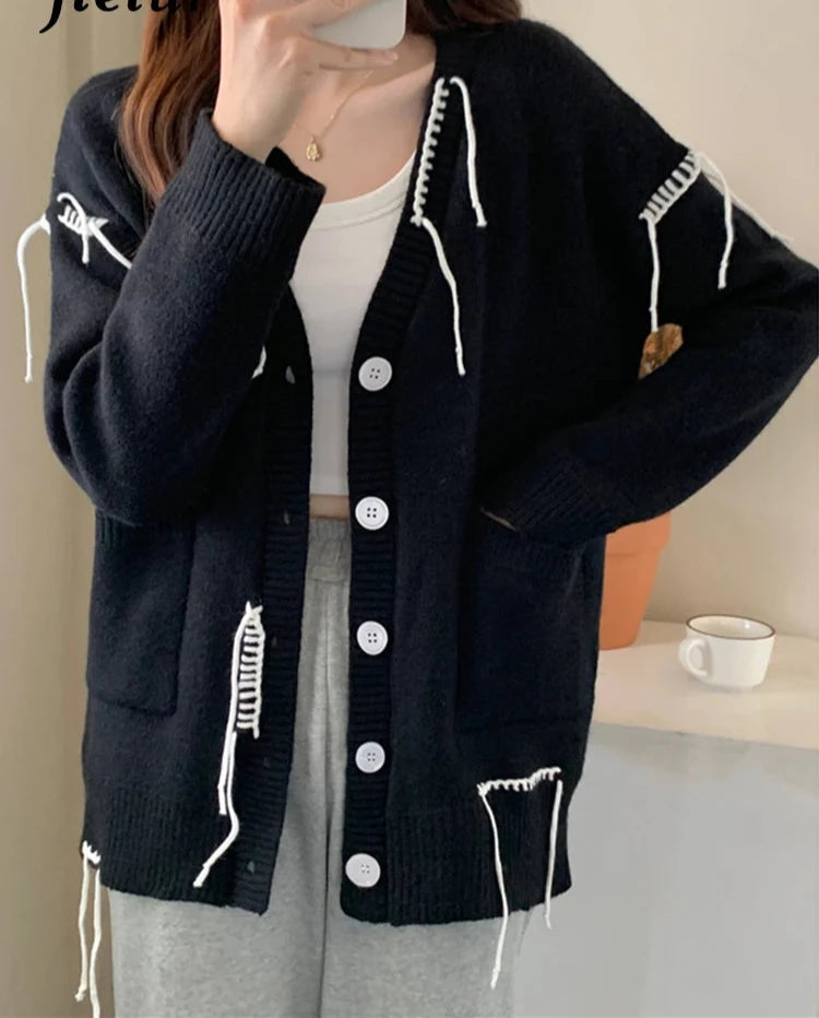 Chic Tassel Sweater Cardigan Women Autumn Winter Korean Fashion Loose Lazy Student Black Sweaters Coat Single-breasted