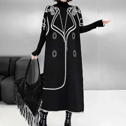 Load image into Gallery viewer, Women Black Pattern Both Side Wear Big Size Sweater Dress New Turtleneck Long Sleeve Fashion Spring Autumn 2025 1DH8332
