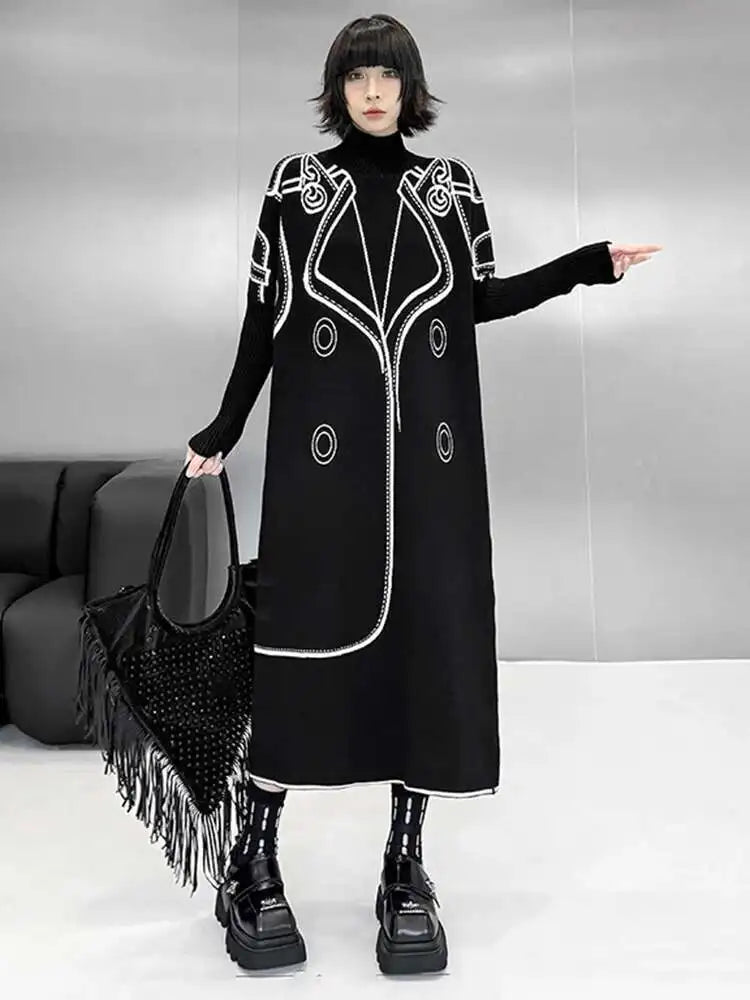Women Black Pattern Both Side Wear Big Size Sweater Dress New Turtleneck Long Sleeve Fashion Spring Autumn 2025 1DH8332