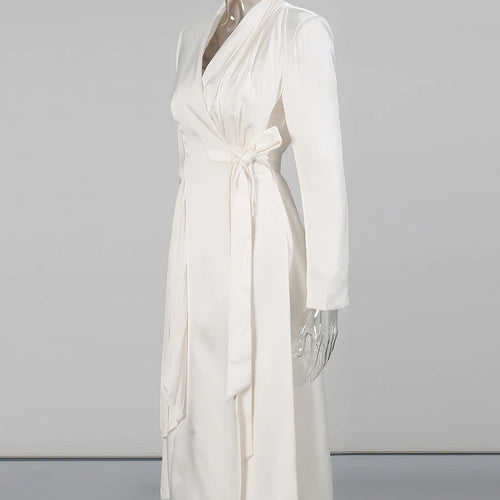 Load image into Gallery viewer, Elegant Pleated Lace Up Trench for Women V Neck Long Sleeve Tunic Minimalist White Coats Female Fashion Clothes
