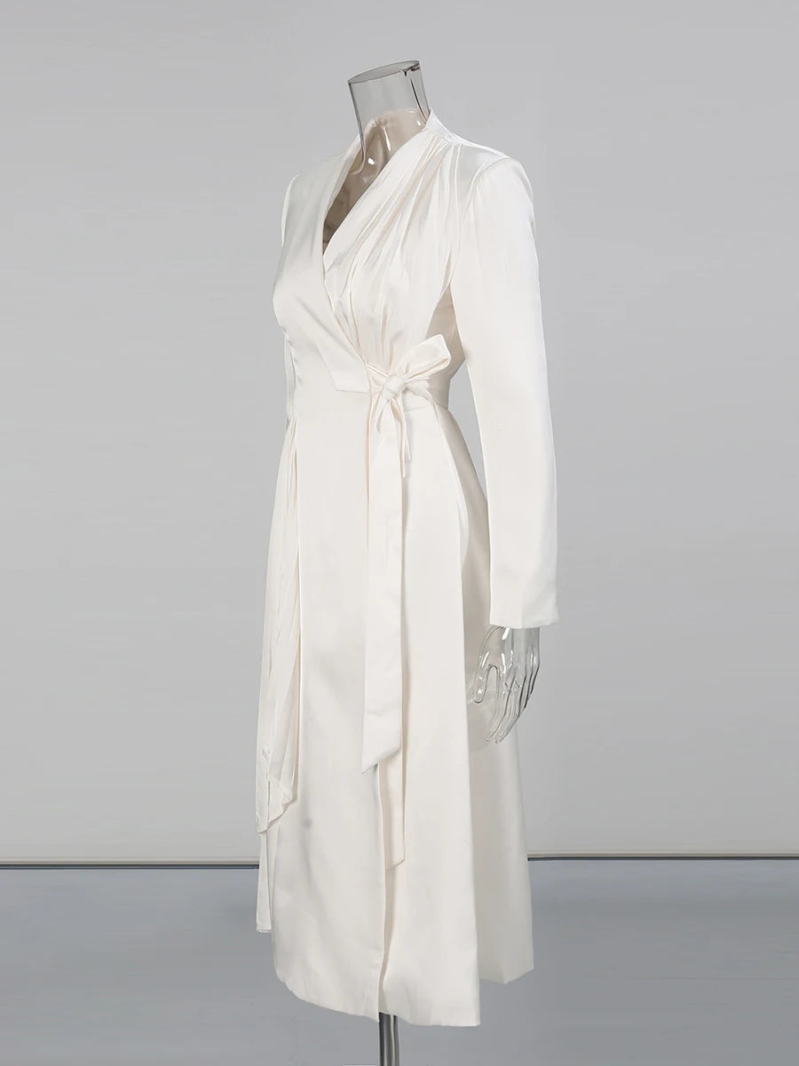 Elegant Pleated Lace Up Trench for Women V Neck Long Sleeve Tunic Minimalist White Coats Female Fashion Clothes