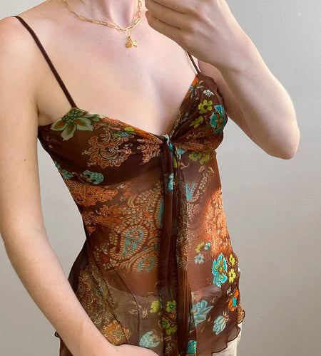 Vintage Floral Printed Mesh Camisole Women Summer Chest Fold With Tassels Chic Tops Slimming Vacation Spaghetti Strap