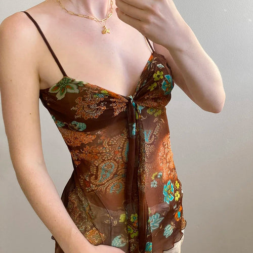 Load image into Gallery viewer, Vintage Floral Printed Mesh Camisole Women Summer Chest Fold With Tassels Chic Tops Slimming Vacation Spaghetti Strap
