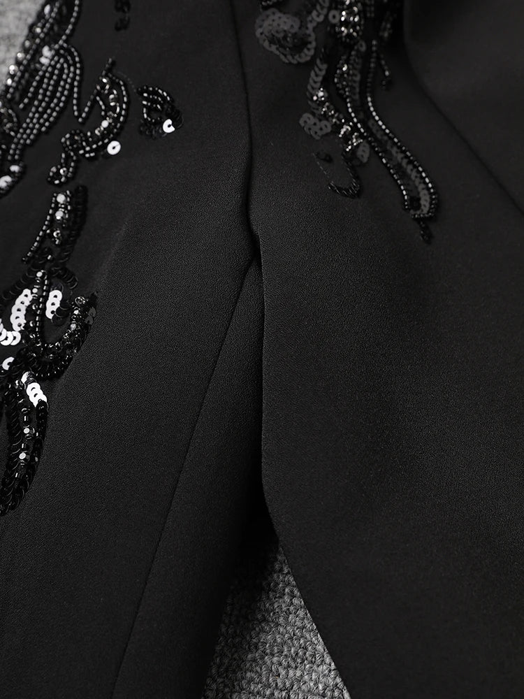 Women Black Sequins Pleated Big Size Elegant Blazer New Lapel Long Sleeve Jacket Fashion Tide Spring Autumn 2025 7AB6225