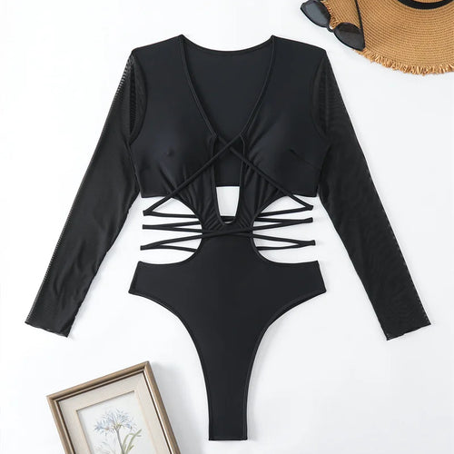 Load image into Gallery viewer, Black Long Sleeve One Piece Swimsuit 2024 Swimwear for Women Sexy Hollow Out Bathing Suit Around Bandage Monokini
