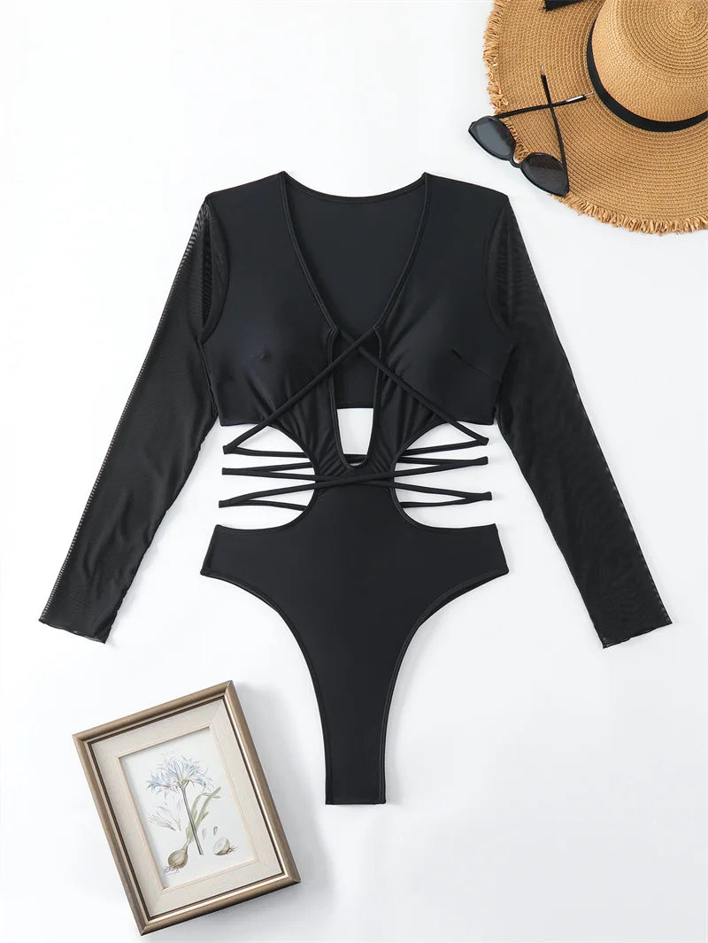 Black Long Sleeve One Piece Swimsuit 2024 Swimwear for Women Sexy Hollow Out Bathing Suit Around Bandage Monokini