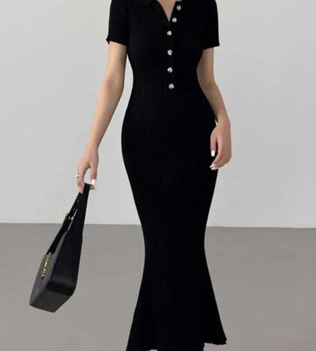 Korean Version Summer Solid Elegant Office Lady Button Knitted Long Dress Women's Slim Short Sleeve Wrapped Hip Fishtail Dresses