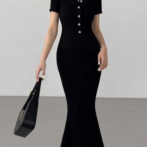 Load image into Gallery viewer, Korean Version Summer Solid Elegant Office Lady Button Knitted Long Dress Women's Slim Short Sleeve Wrapped Hip Fishtail Dresses
