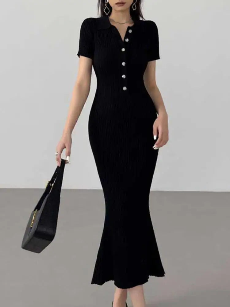 Korean Version Summer Solid Elegant Office Lady Button Knitted Long Dress Women's Slim Short Sleeve Wrapped Hip Fishtail Dresses