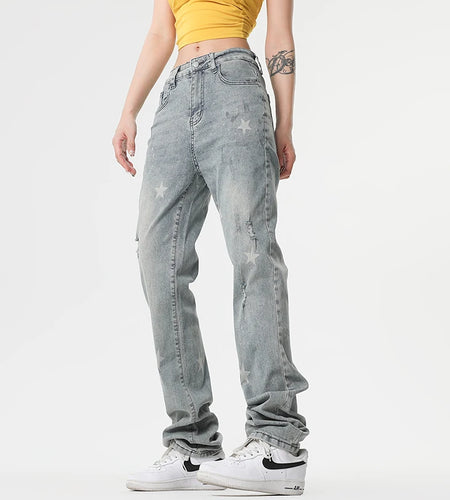 Men's Jeans Star Printing Design New American Style Straight Wide Leg Stylish Male Casual Summer Clothing 2025 9W1964