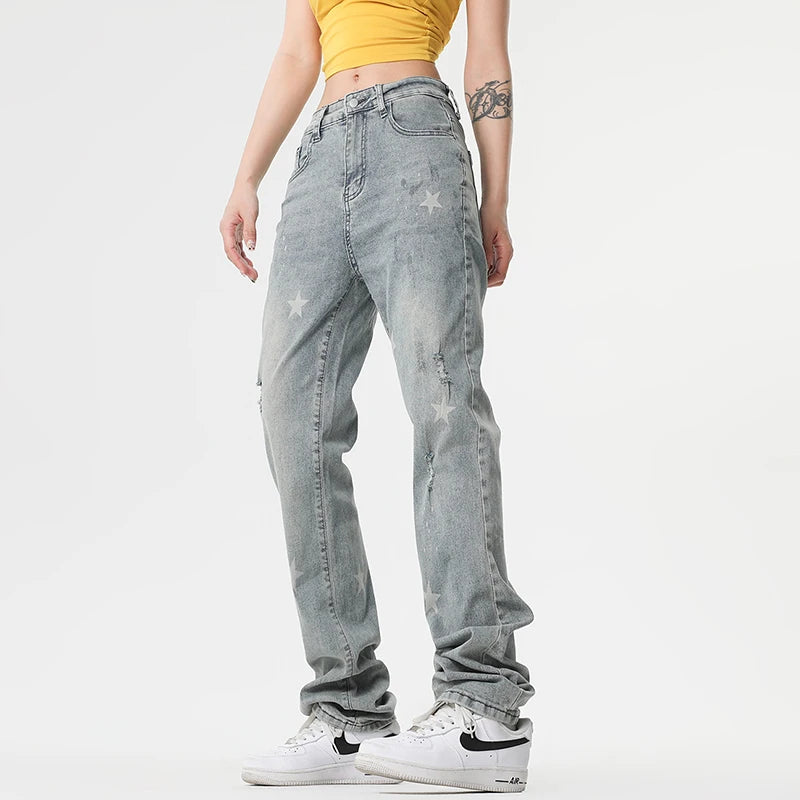 Men's Jeans Star Printing Design New American Style Straight Wide Leg Stylish Male Casual Summer Clothing 2025 9W1964