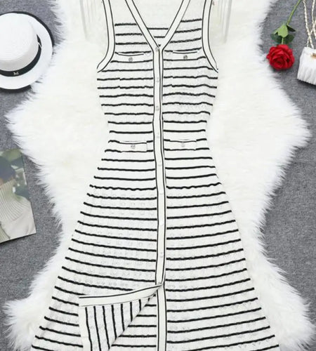 Summer Vintage Fashion Black White Stripe Patchwork Knit Long Dress Women Red Elegant Sleeveless Single Breasted Slim Vest Dress