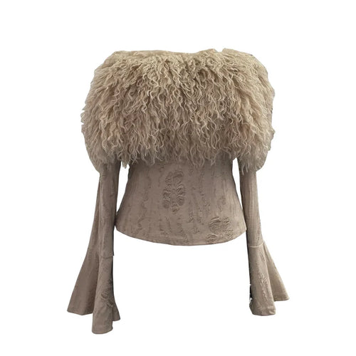 Load image into Gallery viewer, Y2k Aesthetic Vintage Fur Patchwork Bodycon Tees Harajuku Women Slash Neck Grunge T-shirt Streetwear Fairy Hole Cropped Tshirt
