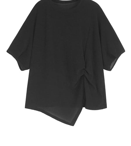 Women Black Irregular Pleated Big Size Casual T-shirt New Round Neck Short Sleeve Fashion Tide Spring Summer 2025 1DJ1318