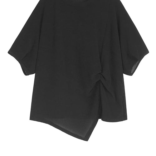 Load image into Gallery viewer, Women Black Irregular Pleated Big Size Casual T-shirt New Round Neck Short Sleeve Fashion Tide Spring Summer 2025 1DJ1318
