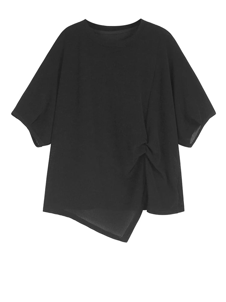 Women Black Irregular Pleated Big Size Casual T-shirt New Round Neck Short Sleeve Fashion Tide Spring Summer 2025 1DJ1318