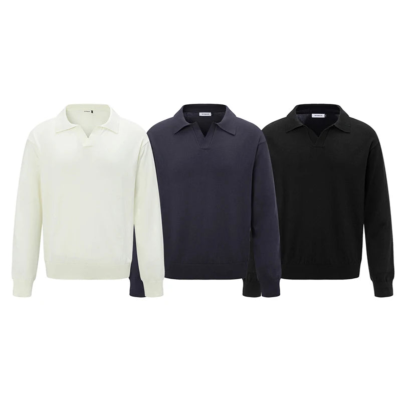 Men's T-shirts New American Long Sleeve T-shirt Turn-down Collar Style Male Solid Color Tops Menwear Spring Summer 9W1459