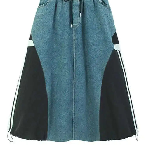 Load image into Gallery viewer, High Elastic Waist Black Denim Color-block Drawstring A-line Half-body Skirt Women Fashion New Spring Autumn 2025 1DH8432
