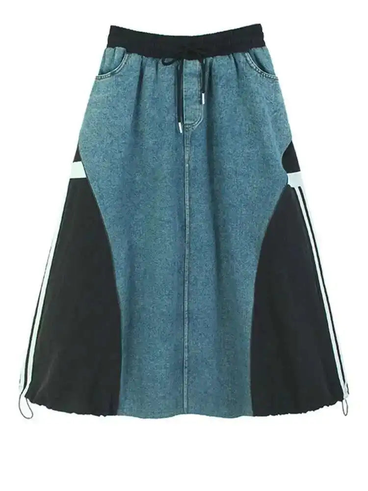 High Elastic Waist Black Denim Color-block Drawstring A-line Half-body Skirt Women Fashion New Spring Autumn 2025 1DH8432
